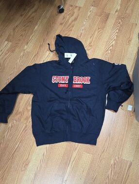 New MV Sport Navy Hoodie with Red and White Stony Brook Logo